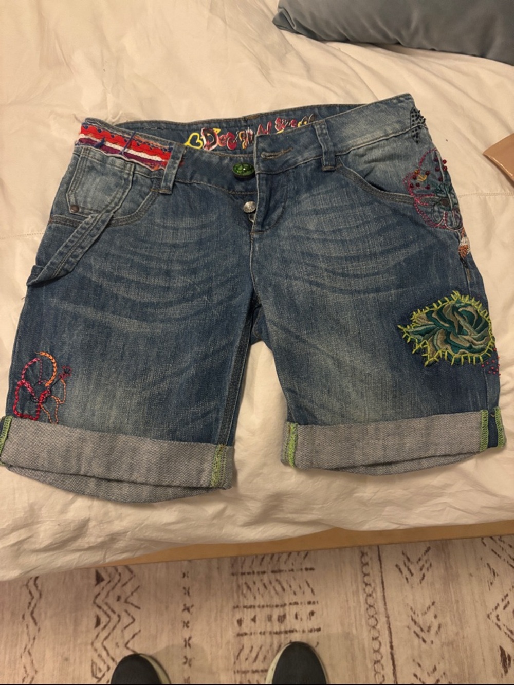 Desigual Embroidered Blue Denim Shorts with Multicolor Accents